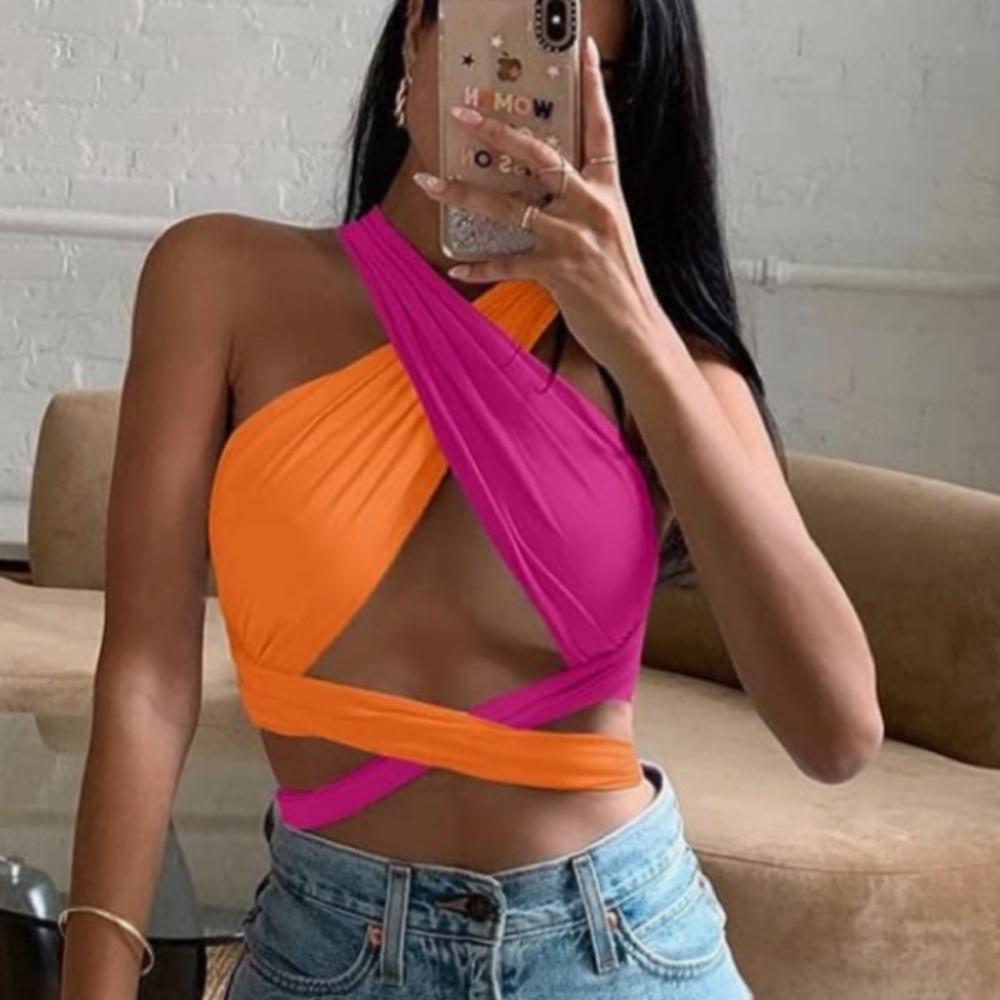 ribbed halter crop top criss cross ruched lace up cami bandana top cropped tank